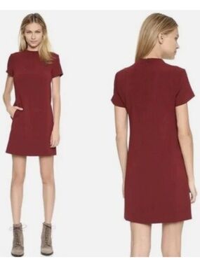 Theory Jasneah Admiral Crepe Short Sleeve Mini Career Shift Dress in Burgundy